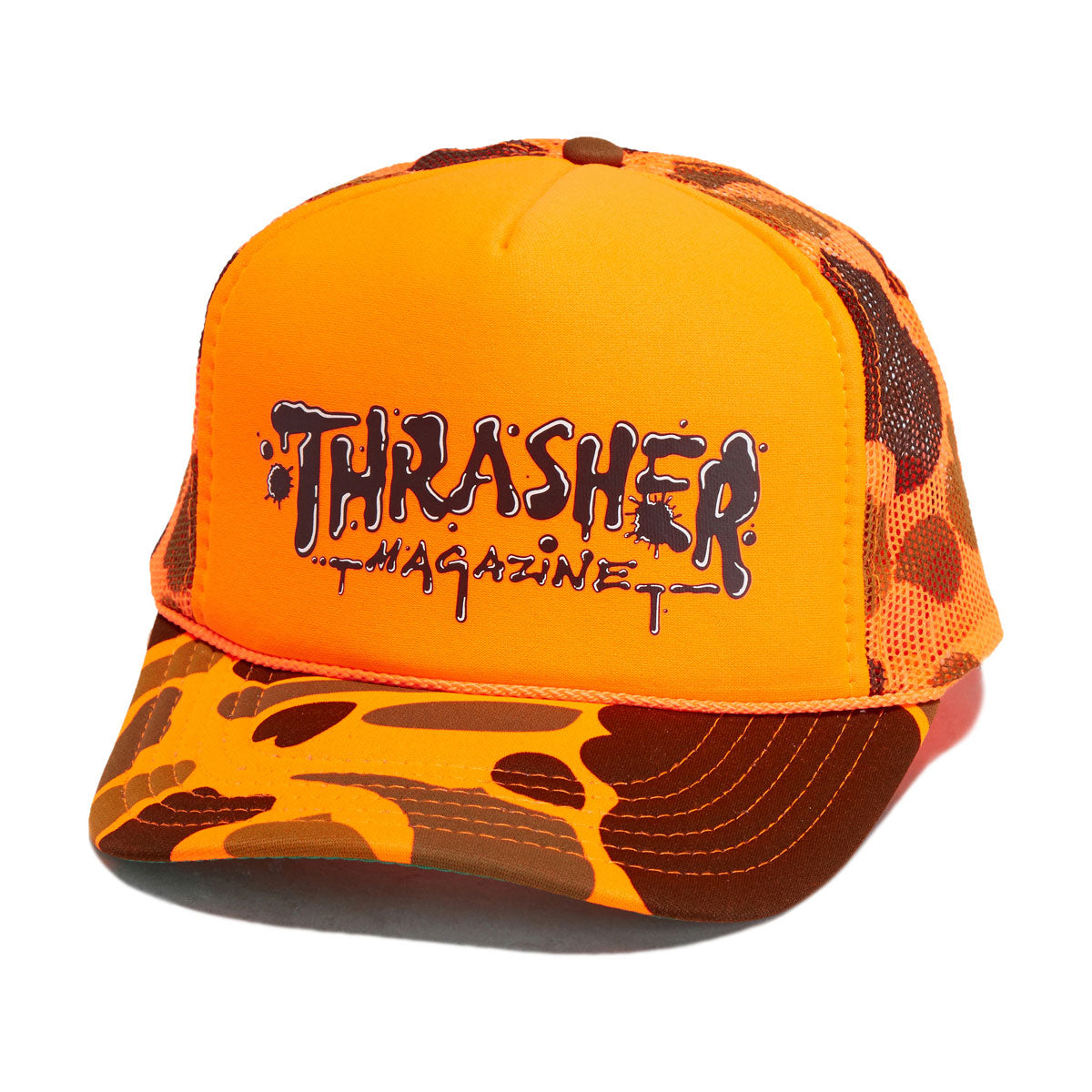 Thrasher Wet Paint Trucker Hat Orange Camo